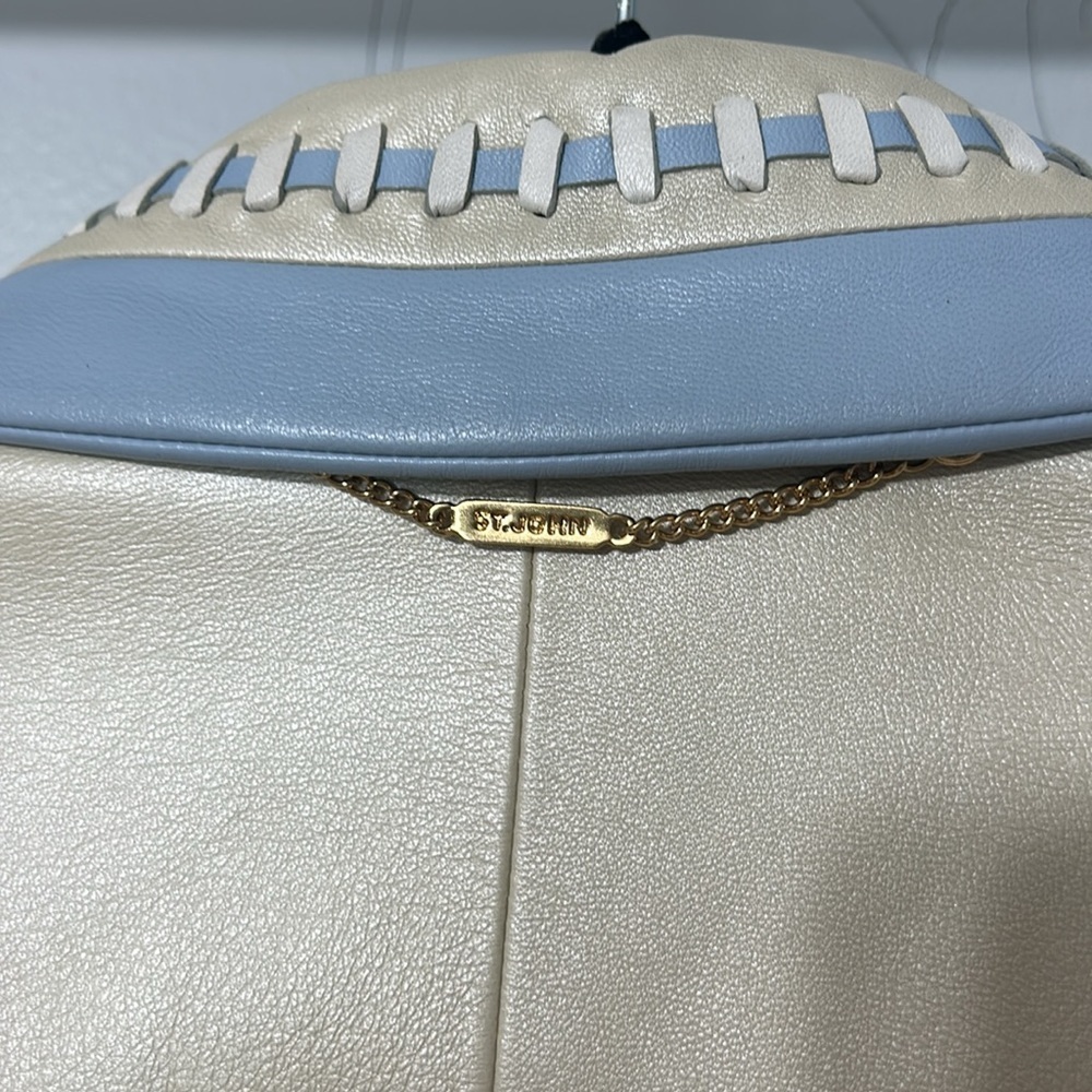 ST JOHN SPORT LEATHER PEARL &LIGHT BLUE JACKET LARGE - Picture 7 of 9